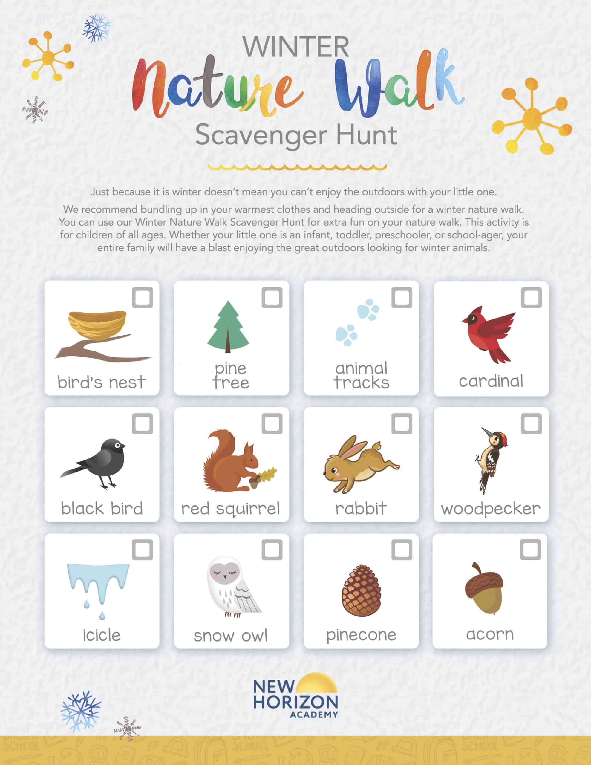 outdoor winter scavenger hunt activity for kids - new horizon academy